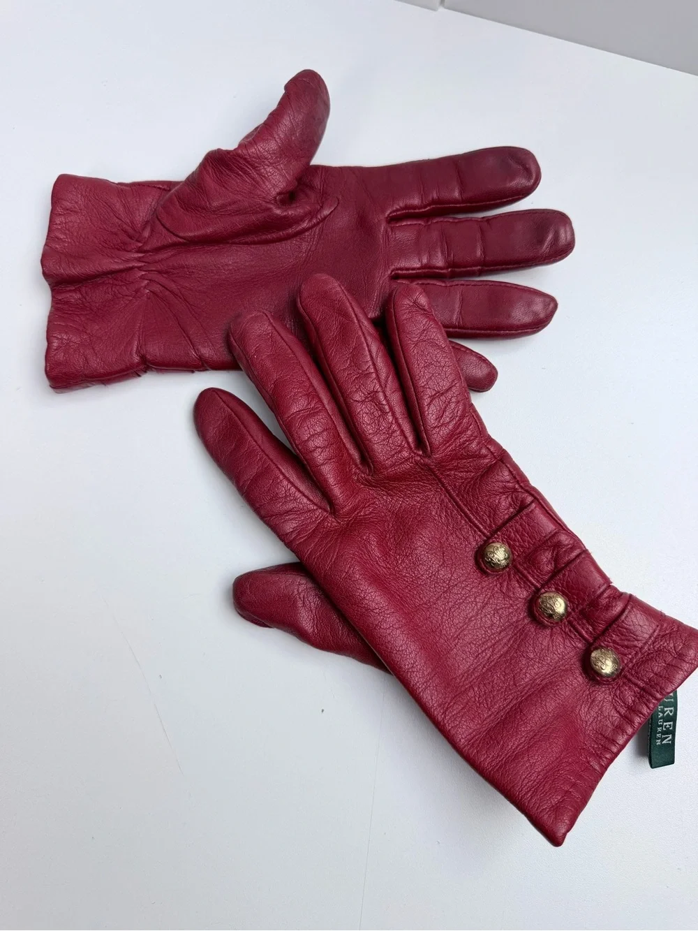 Lauren Ralph Lauren Vintage Red Leather Gloves Size Large Gold Button Details